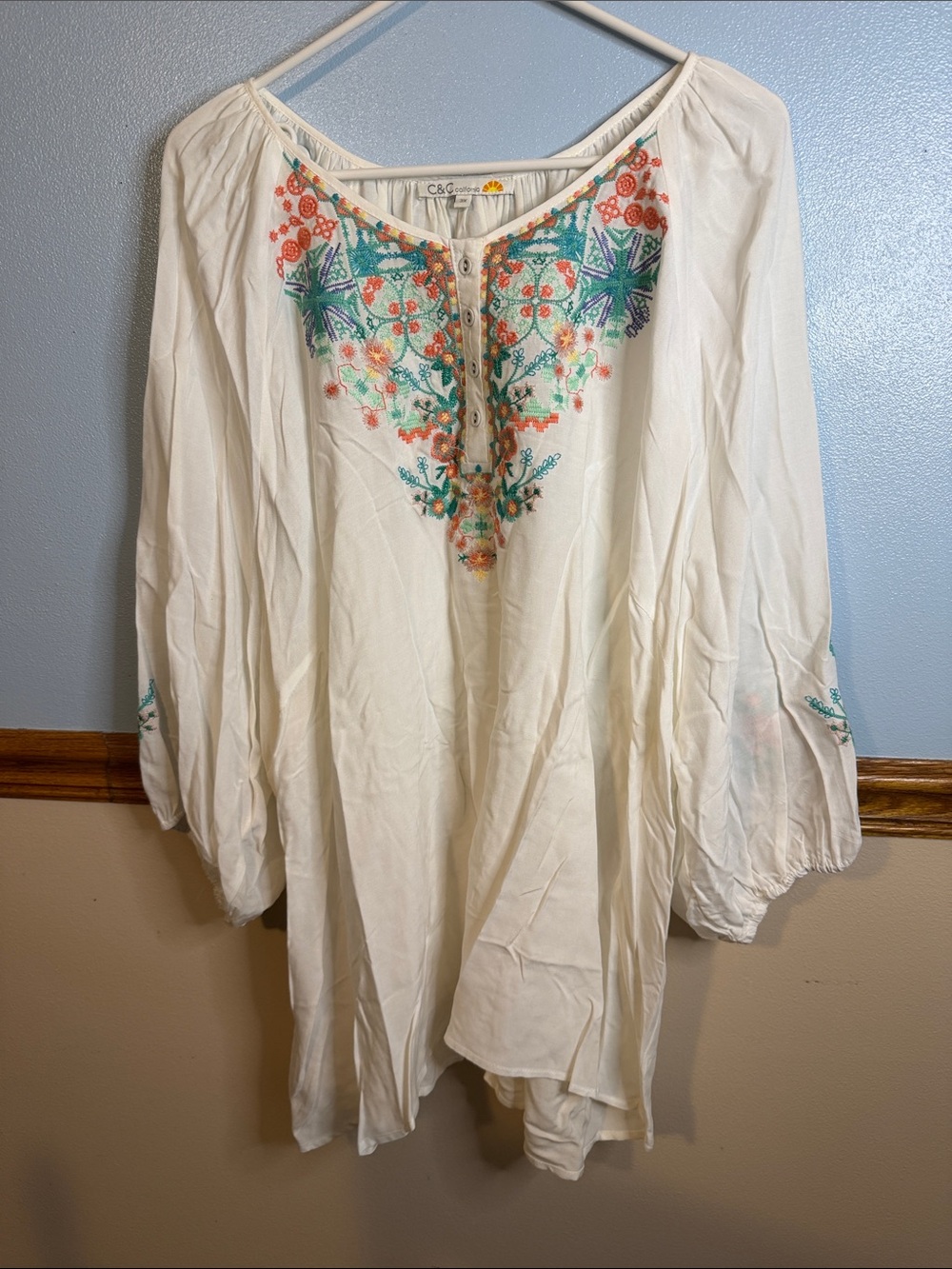 C&C California Embroidered Boho Peasant Blouse White Plus Size 3X EUC